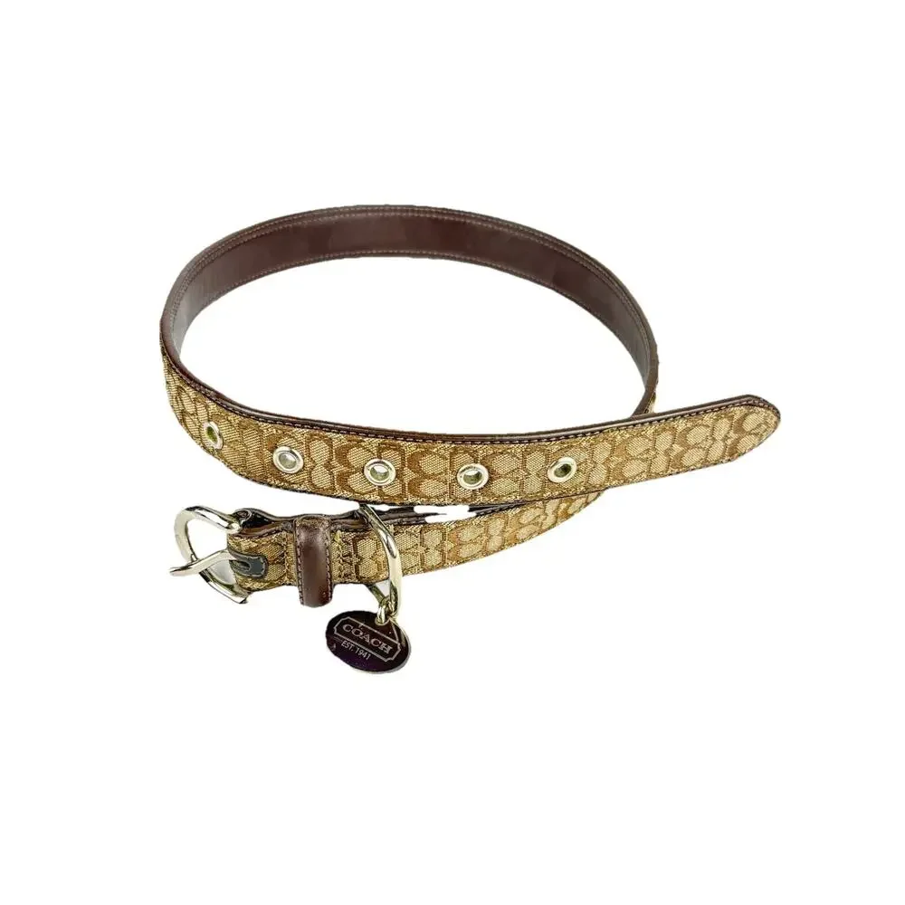 COACH Signature Khaki Mahogany EXTRA LARGE Dog Collar Engravable OVAL CHARM